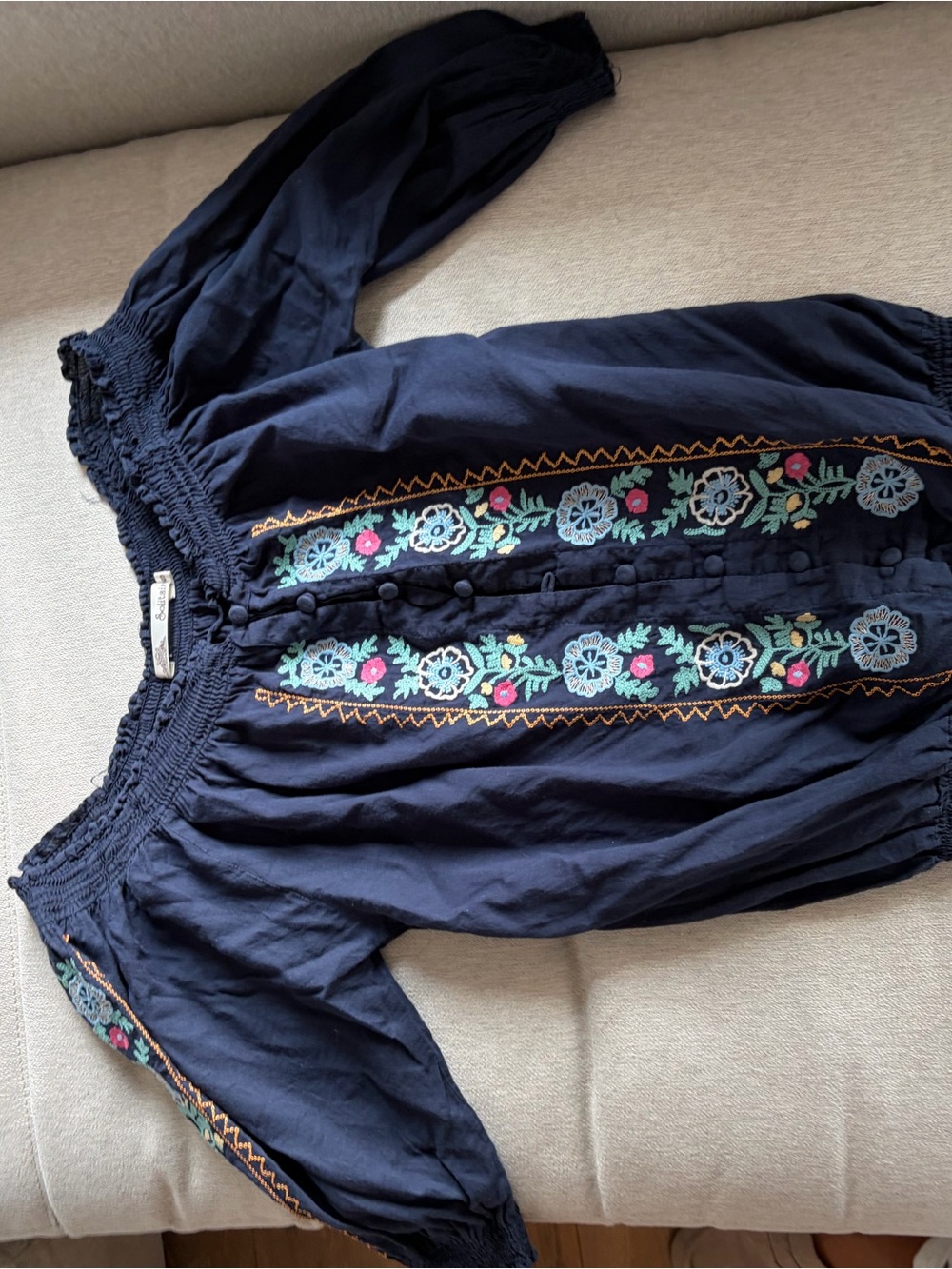Solitaire Navy Off-Shoulder Embroidered Peasant Top